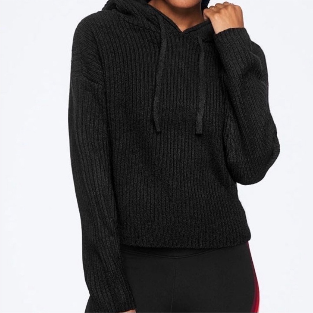 Victoria’s Secret PINK ribbed hooded black sweater size‎ large cropped